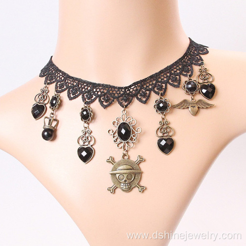 Black Lace Necklace With The Skull Pendant Tassel Choker